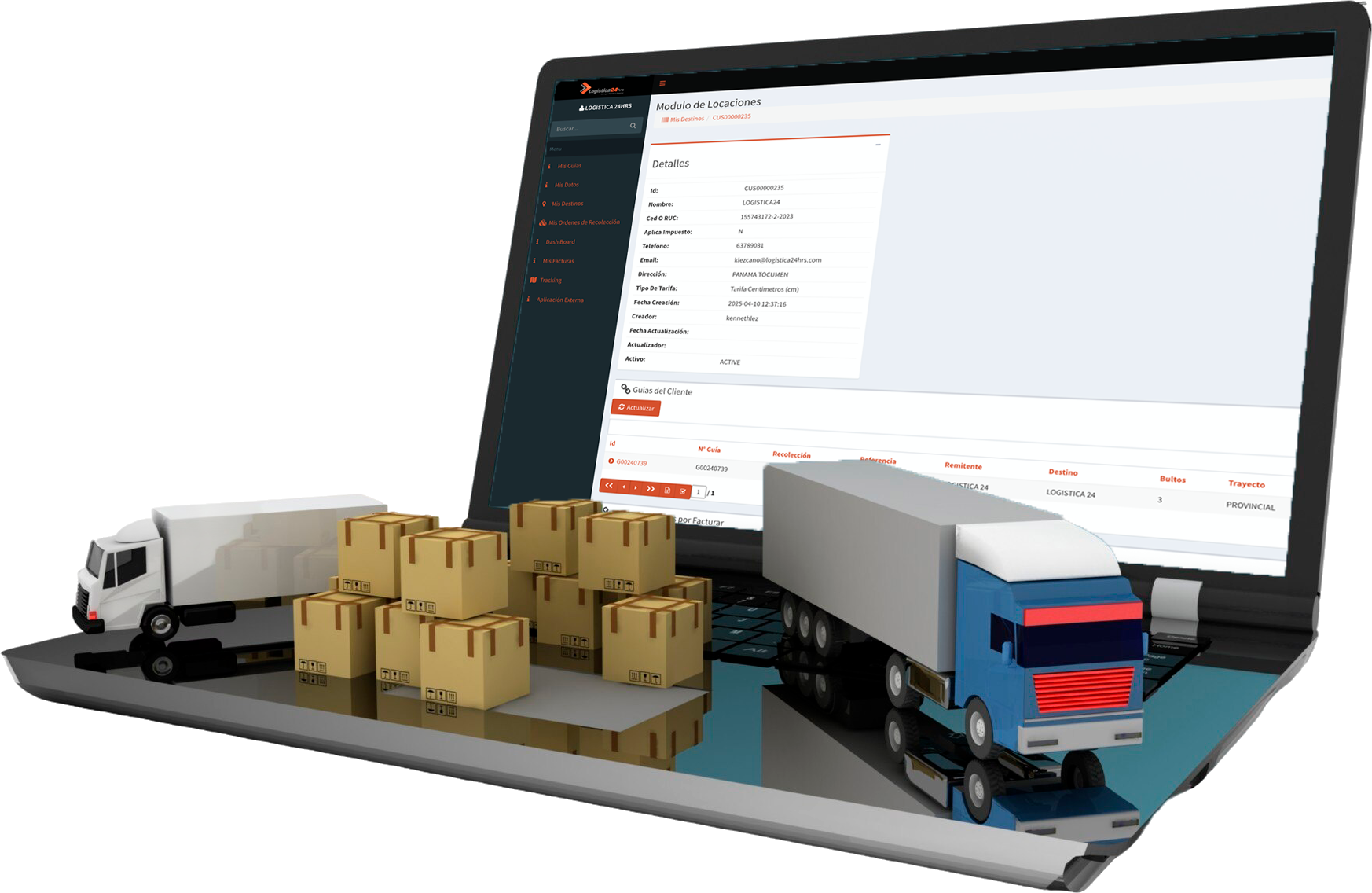 Pantallazo de la plataforma de gestión logística de Logistica24hrs.